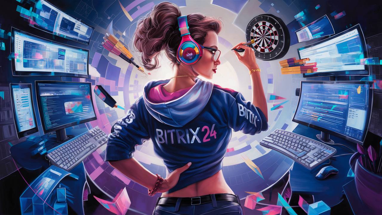девушка с надписью на кофте битрикс24 стоит в окружении мониторов и метит в цель дротиком